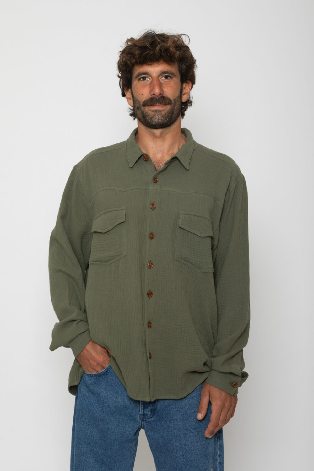 DAWN Long Sleeve Muslin Shirt . Dark Green