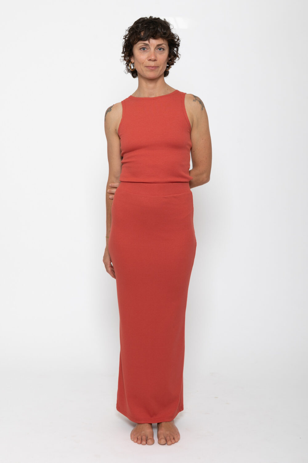 SUN Rib Long Skirt . Coral Red