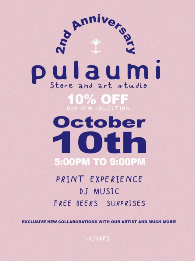 🎉 OUR STORE & ART STUDIO IN LAJARES IS TURNING 2! 🎉
Two years of art, creativity, good vibes, and so many special moments — and we want to celebrate with you! 
📍 PULAUMI Store & Art Studio — Lajares
📅 10/10 | 5 PM — 9 PM
Together with our neighbors @oken.bowlsandsushi , we’re getting ready for a beautiful afternoon filled with good music, creativity, and new things to discover. ✨
🎧 DJ session @maebloommusic 
🍺 Free beer
🏷️ 10% OFF our new collection SUN SOCIETY AW26
🎨 Print experience @ilalovesmowgli 
🤝 Exclusive new pieces with our artists @farris_ceramics @lasaltyfamily @aboa.handmade 
…and much more!
Come hang out, celebrate these two amazing years with us, discover what’s new at store, and enjoy the afternoon with our island community. 🫶
We can’t wait to celebrate with you! 🙌🏾

#pulaumistoreandartstudio #lajares #fuerteventura #anniversary